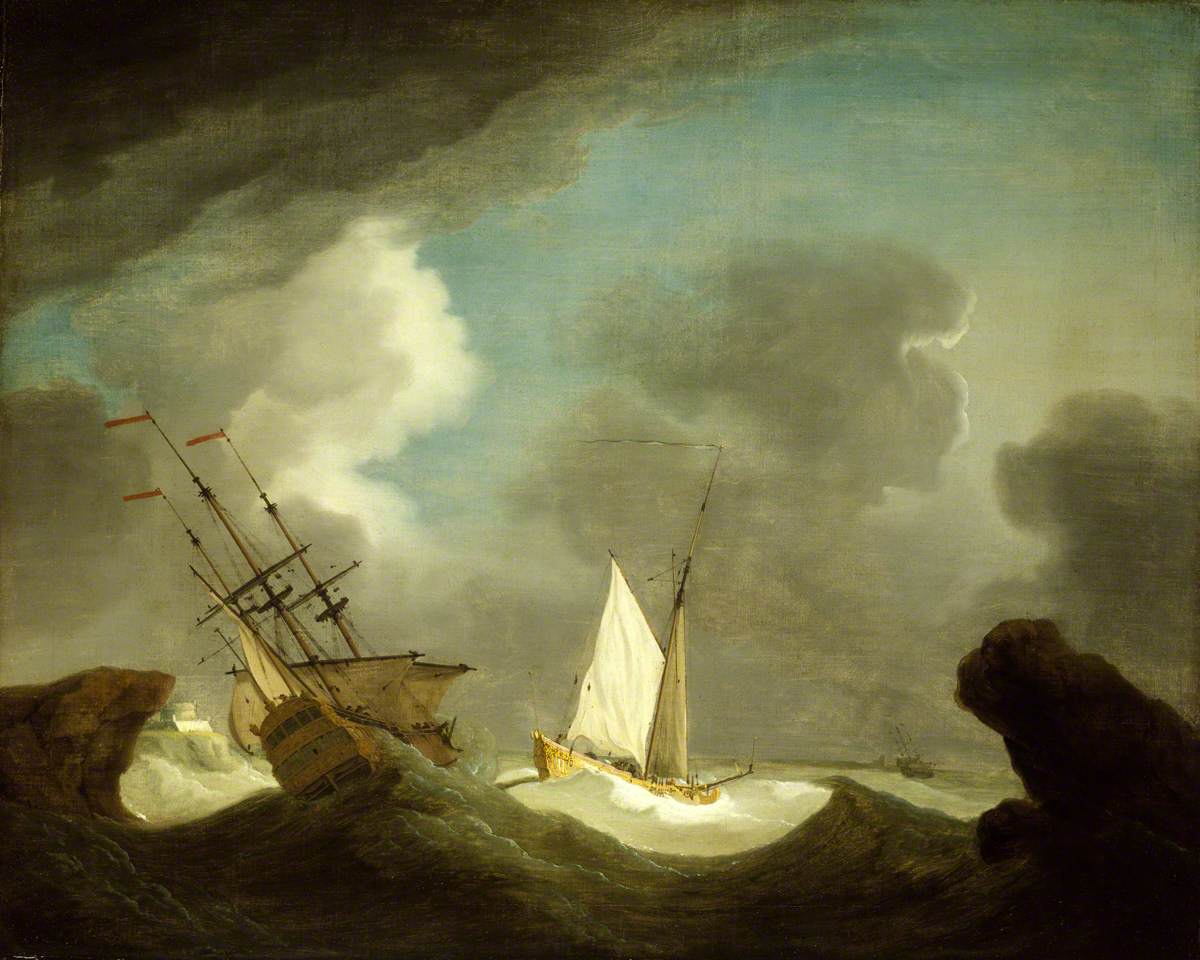 Peter Monamy, An Indiaman and a Royal Yacht in a Storm off a Rocky Coast with a Castle