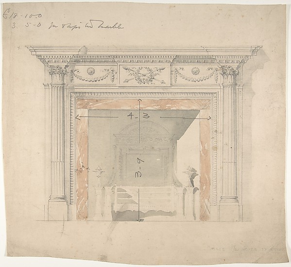 Anonymous, British, late 18th–early 19th century, Design for an Adam-style Mantel, with a Marble Surround and Iron Firebox