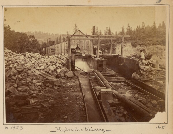 Carleton Watkins, Sluicing at the Shaft House. North Bloomfield Gravel Mining Co., Nevada Co.