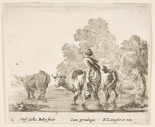 Stefano della Bella, A peasant woman herds two cows across a stream, walking towards the left, plate 2 from "Diversi capricci"