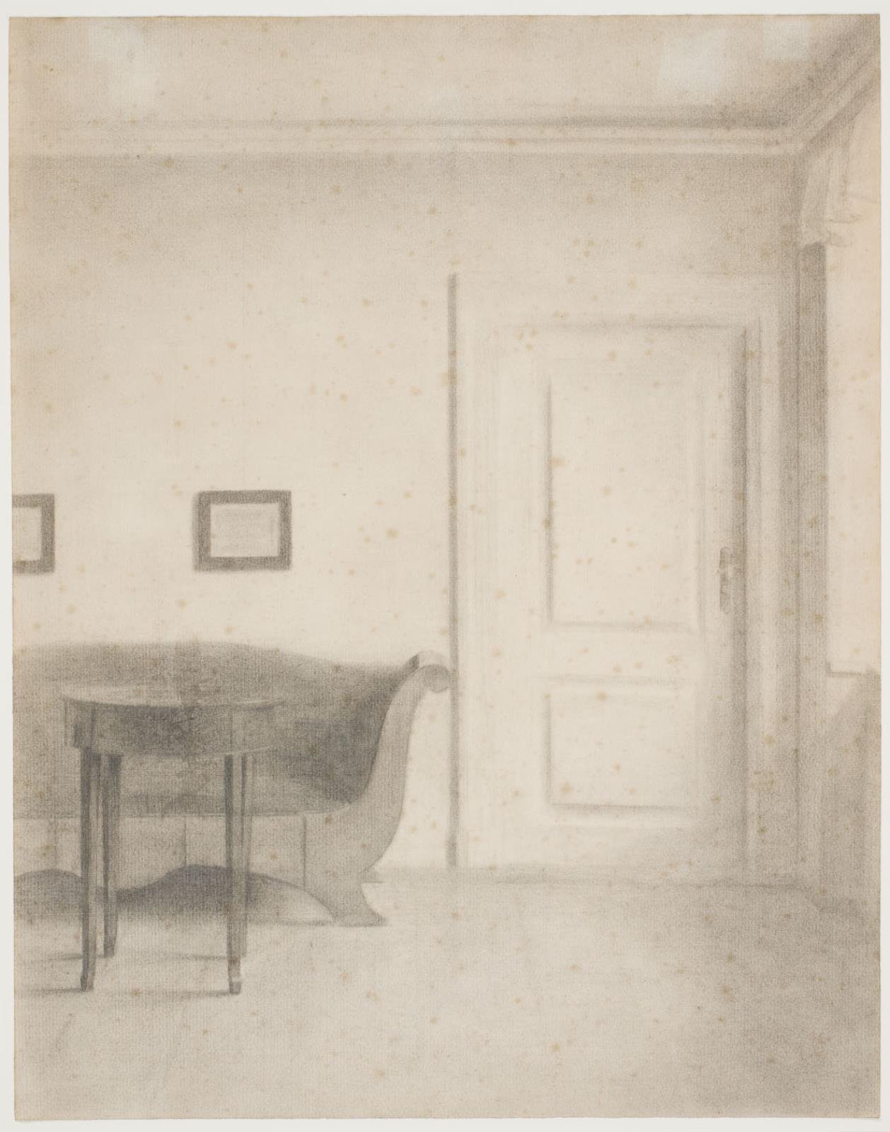 Vilhelm Hammershøi, Interiør med sofa og lille bord, t.h. en dør