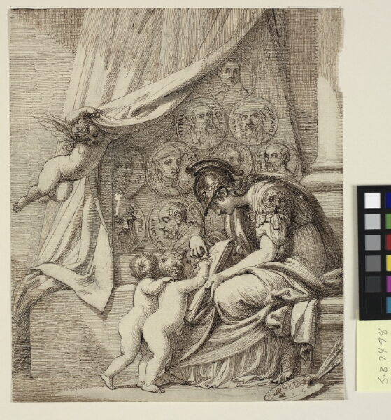 Richard Cosway, Maleriets genius, eller Minerva instruerer putti i malekunsten. Forlæg til Pierre Condés radering, Memorial to Robert Udney Esq.