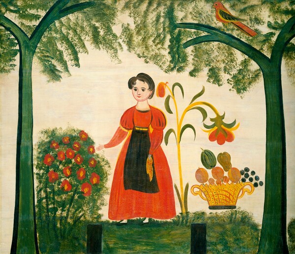 American 19th Century, Girl in Red with Flowers and a Distelfink