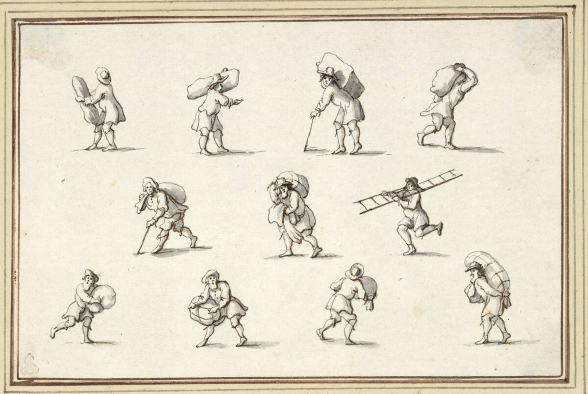 AlbertFlamen, Studienblatt mit elf männlichen Figuren, jede mit einem Sack, eine mit Leiter (V-16)