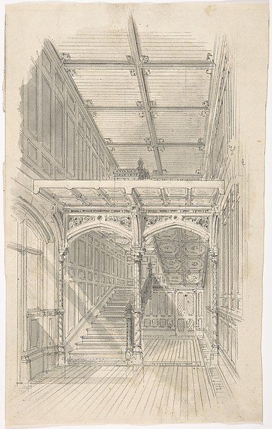 Anonymous, British, 19th century, Design for a Tudor Paneled Hall and Staircase