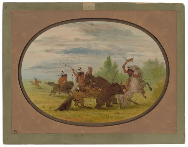 George Catlin, K'nisteneux Indians Attacking Two Grizzly Bears