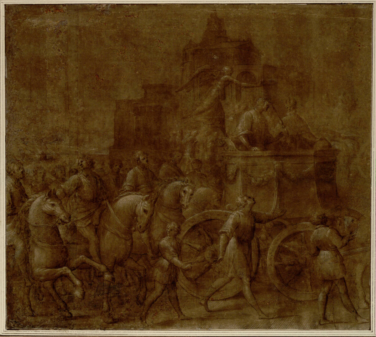 Anonym, Triumphzug. (Auf einem Triumphwagen stehen ein König und ein wie alle anderen Figuren antik gewandeter Feldherr, über den Viktoria den Kranz hält; dem Wagen folgt eine Reiterschar; neben dem Wagen laufen ein Mann und zwei Knaben)