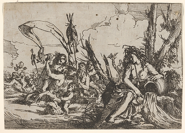 Giulio Carpioni, Water, represented by a naiad seated at the base of a tree and resting her arm on a supine urn from which water flows, behind her a triton and other inhabitants of the sea rise from the water surface, from "The Elements"