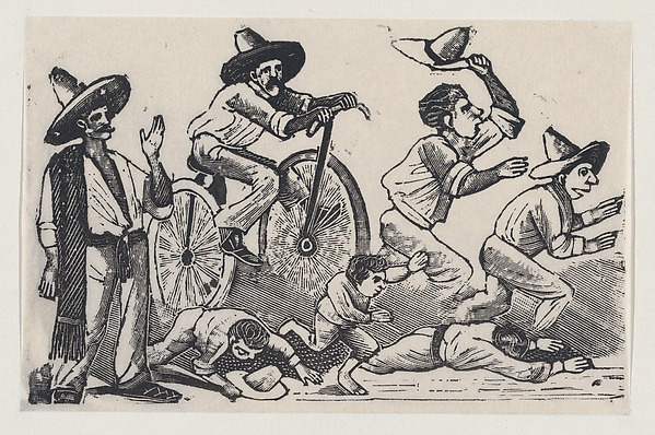 José Guadalupe Posada, A man on a bicyle running over people, from a broadside entitled 'La Bicicleta'