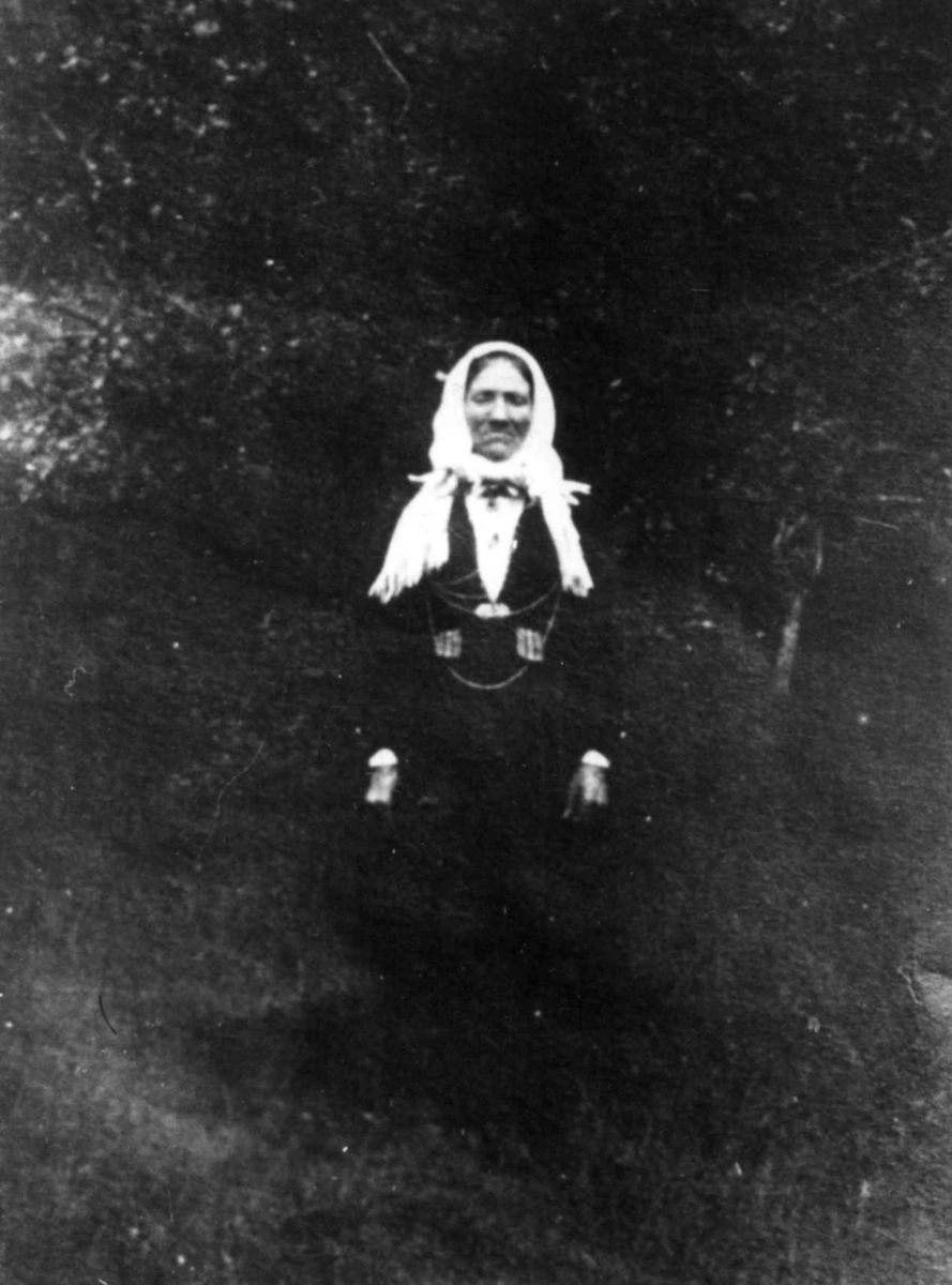 Anna Grostøl, Anna Perdersdatter Bryggeså. med skaut og gammeldagse klær, Eiken antagelig 1928.
