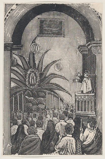 José Guadalupe Posada, A priest conducting mass from a balcony, an image of the Virgin of Guadalupe set in palm tree