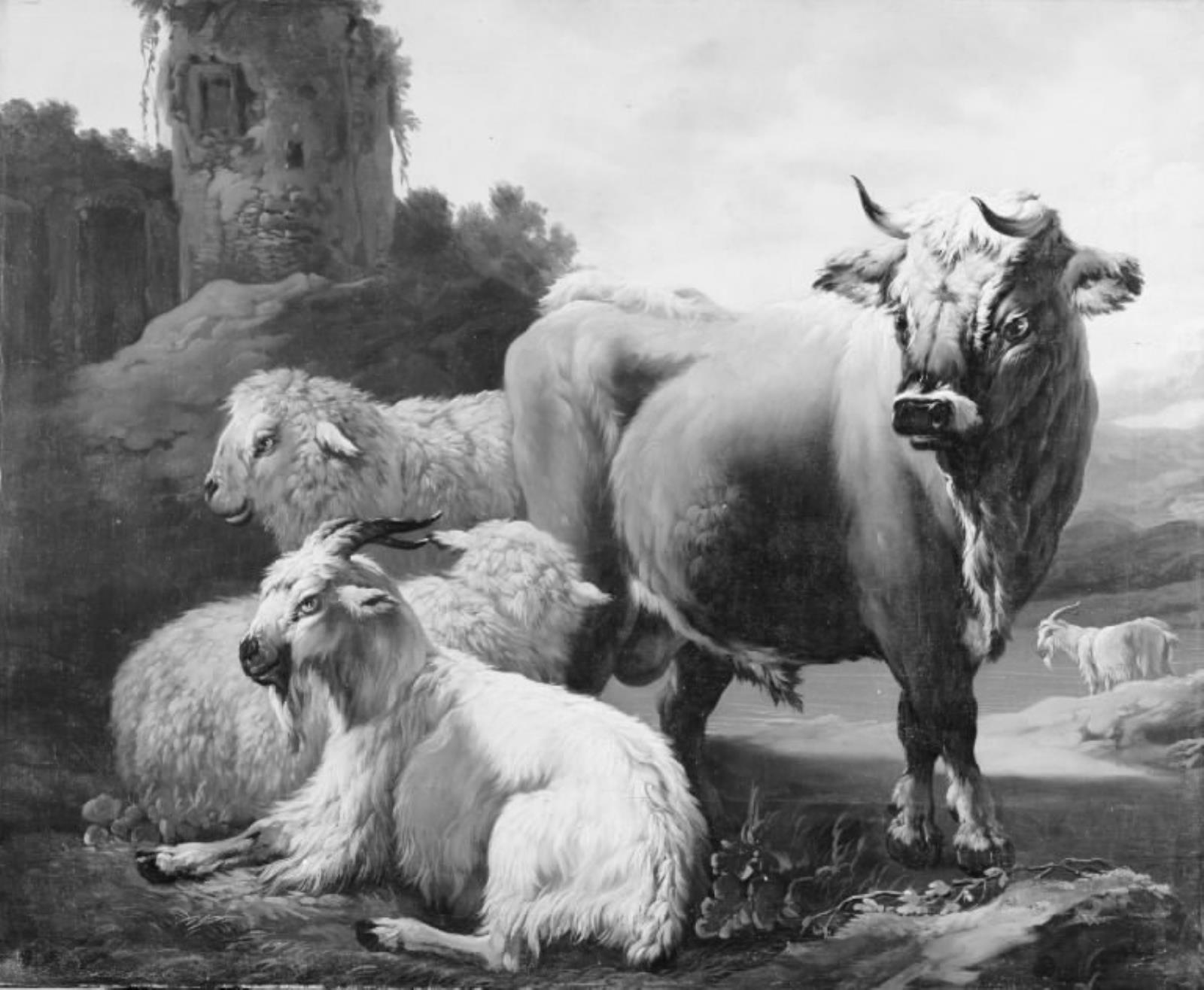 Philipp Peter Roos, En tyr, får og geder i et landskab
