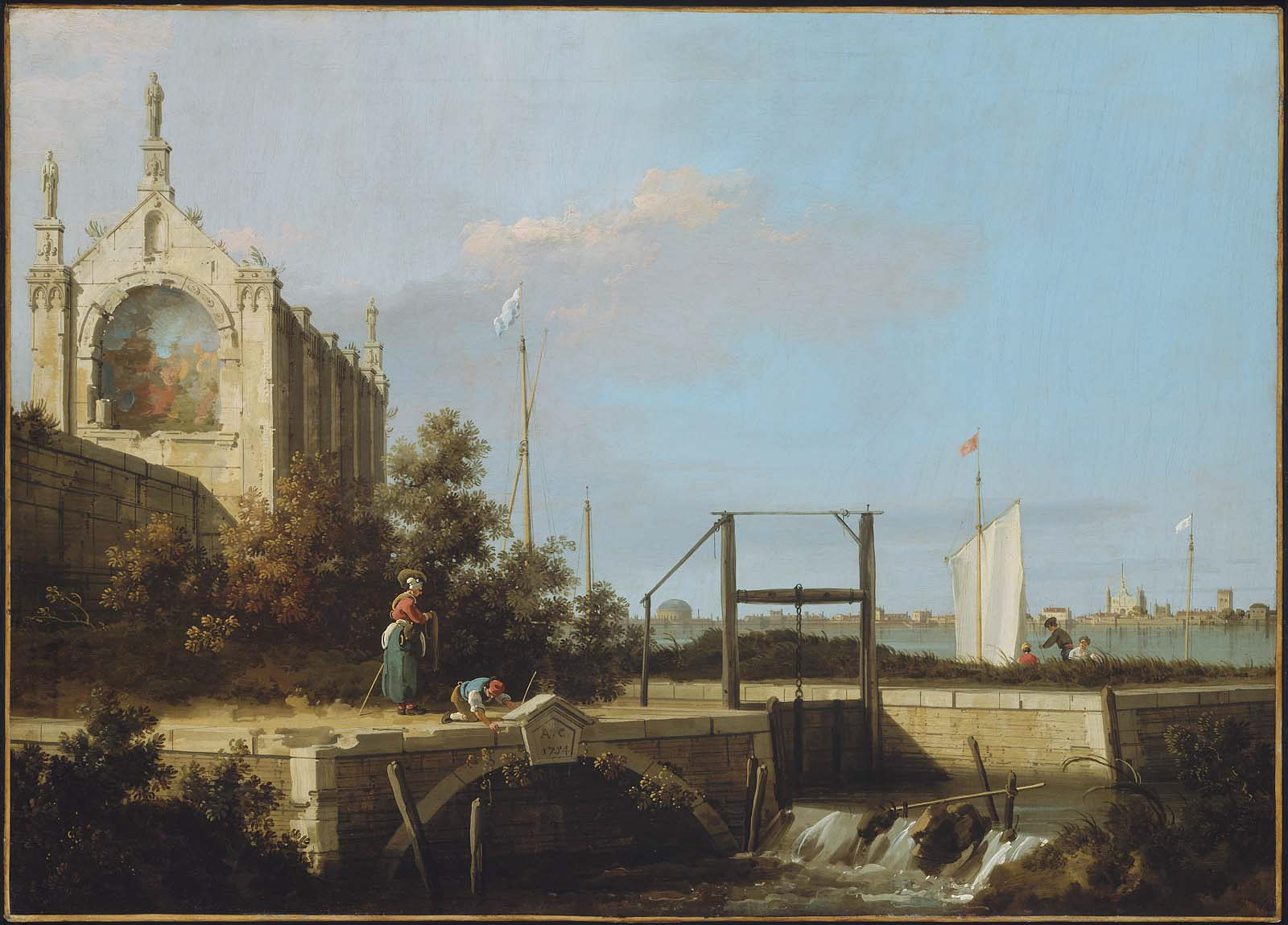 Canaletto, Capriccio: A Sluice on a River with a Chapel