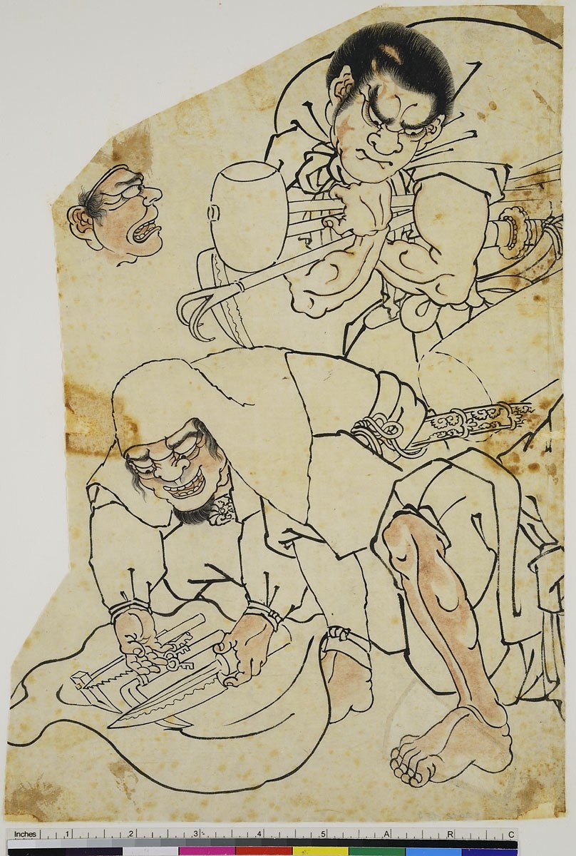 Utagawa Kuniyoshi, Zwei Männer mit Werkzeugen und ein Gesicht