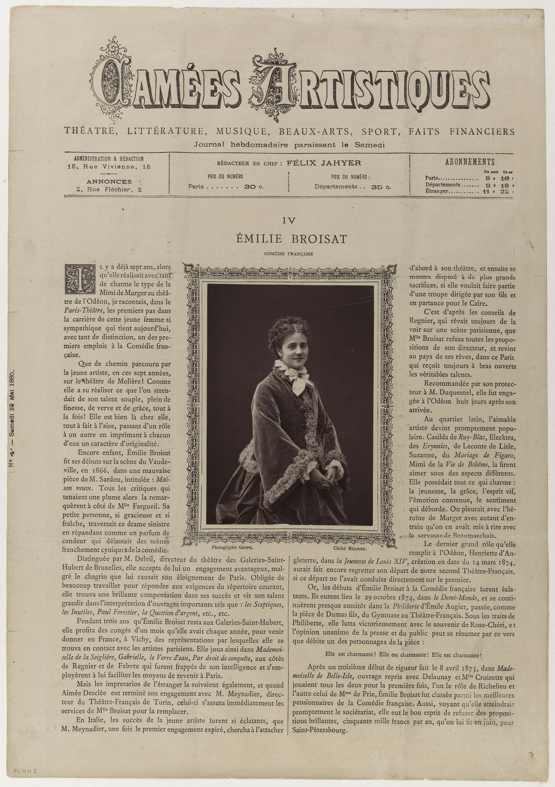 Ferdinand Mulnier, Portrait d'Emilie Pannetier de Milville (1846-1929), dite Emilie Broisat, actrice de théâtre.