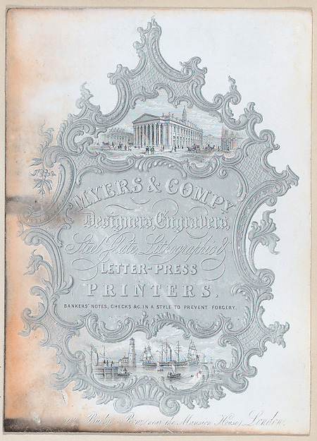 Anonymous, British, 19th century, Trade Card for Myers & Co., Designers, Engravers, Steel Plate, Lithographic & Letterpress Printers