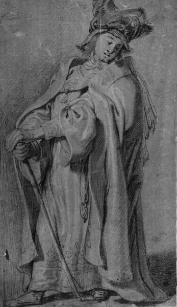 Karel van Mander III, Stående figur, vendt mod venstre, i kappe og pelshue, støttende sig ved en stav.