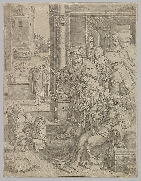 Lucas van Leyden, Poet Virgil Suspended in a Basket