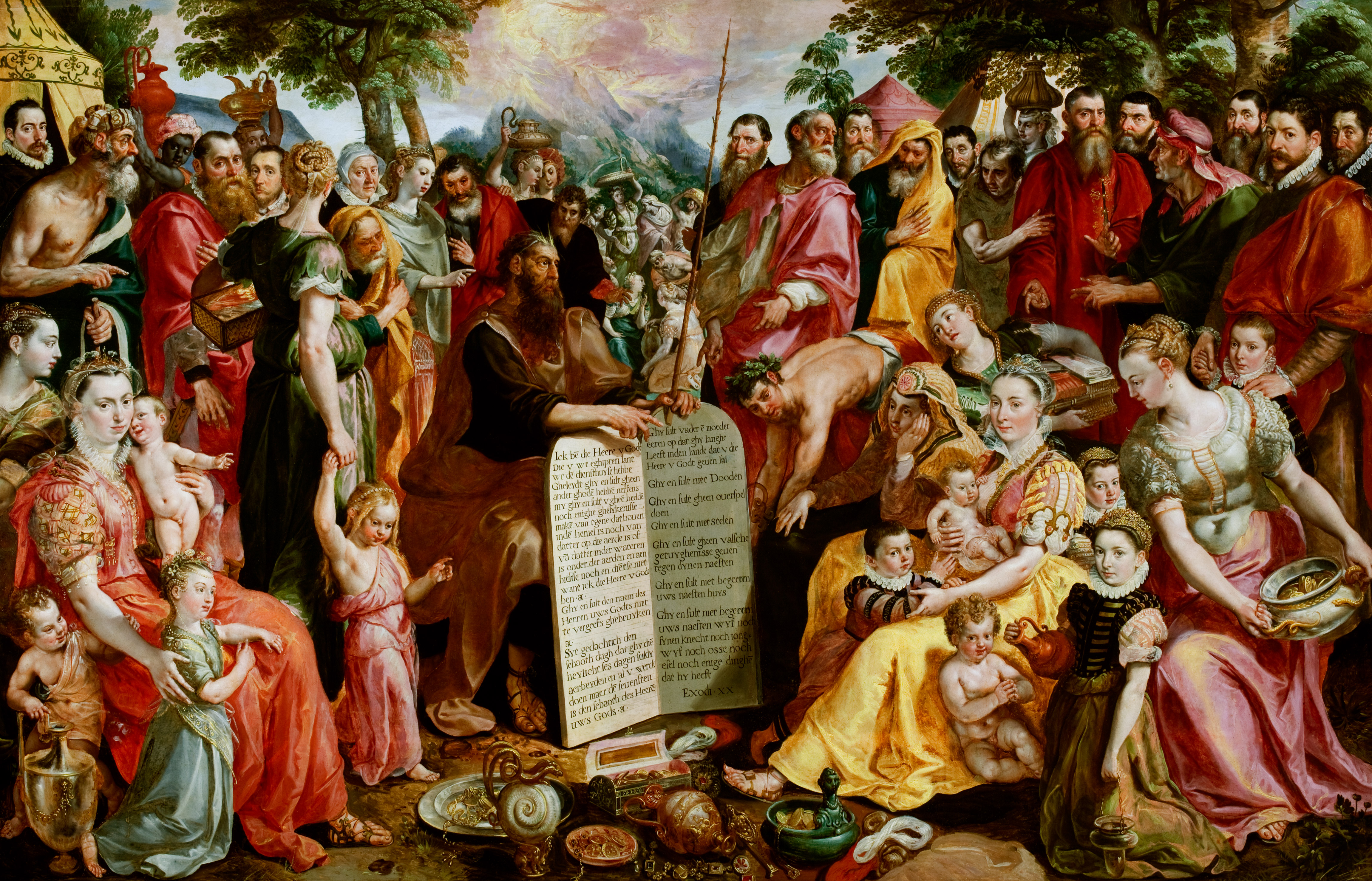 Maerten de Vos, Mozes toont de tafelen der wet aan de Israëlieten, met portretten van leden van de familie Panhuys, hun verwanten en vrienden