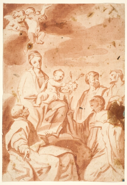 Andrea Sacchi, Jomfru Maria og barnet tronende med helgerne Ignatius af Loyola, Francis Xavier, Kosmas og Damian