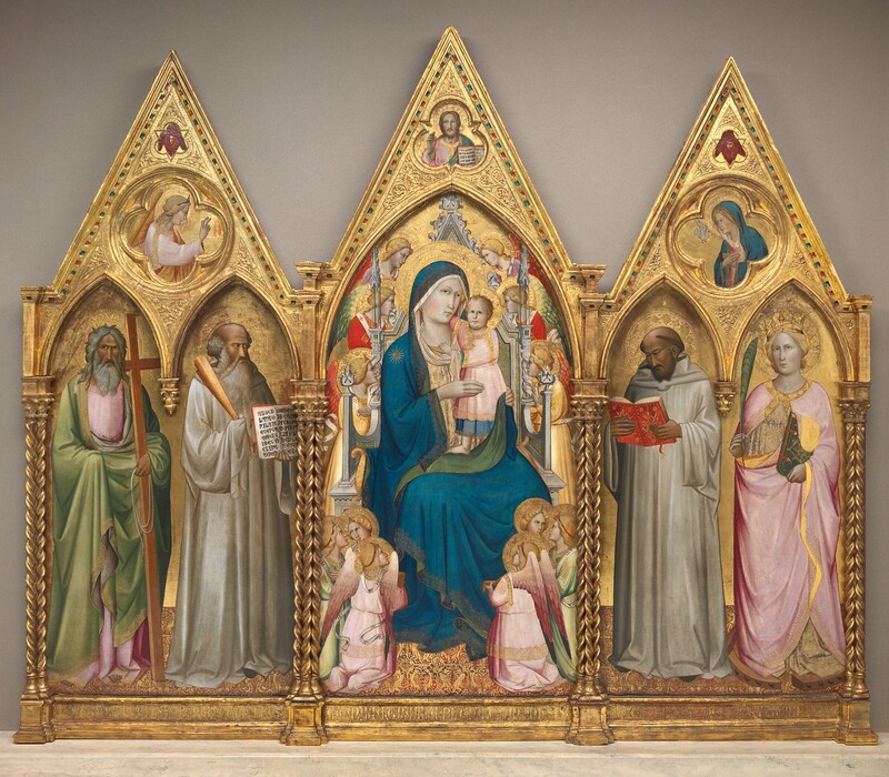 Agnolo Gaddi, Madonna and Child with Saints Andrew, Benedict, Bernard, and Catherine of Alexandria with Angels [entire triptych]