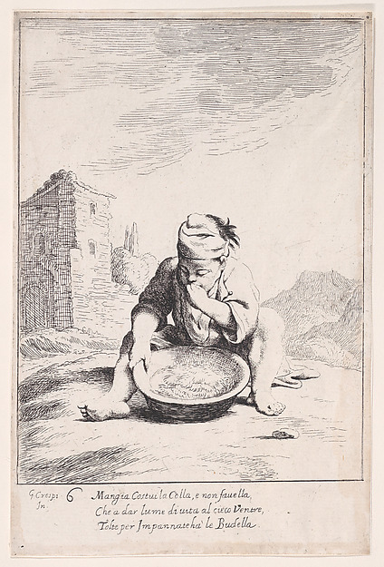 Giuseppe Maria Crespi, Plate 20: Cacasenno eating a bowl of pasta, from "Bertoldo, Bertoldino, and Cacasenno"