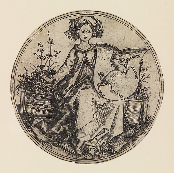 Martin Schongauer, Seated Lady Holding a Shield with an Unicorn
