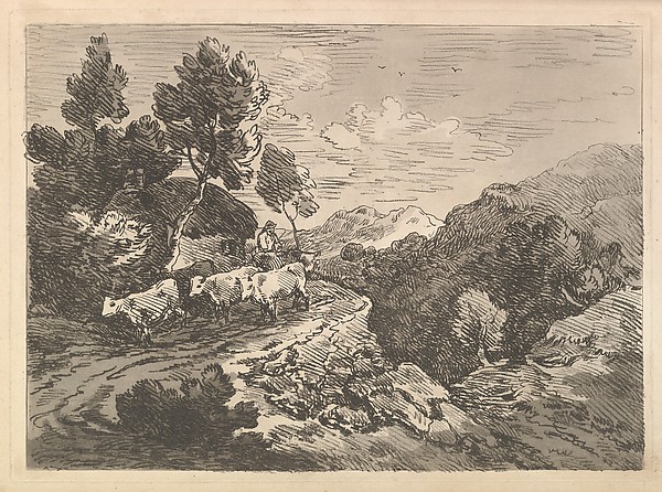Thomas Rowlandson, Landscape with a Figure Herding Cattle Along a Road Beside a Cottage, a Hillside at Left, a Forest in the Valley Below at Right