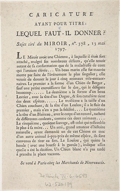 Anonymous, French, 18th century, Caricature, Ayant Pour Titre: Lequel Faut-il Donner?, Sujet tiré du Miroir, no. 378, 13 Mai, 1797