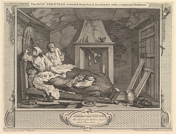 William Hogarth, The Idle 'Prentice Returned from Sea and in a Garret with a Common Prostitute: Industry and Idleness, plate 7