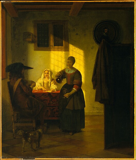 Pieter de Hooch, A Couple Playing Cards, with a Serving Woman