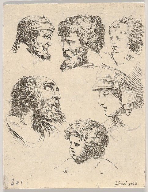 Stefano della Bella, Plate 10: Six heads, three bearded men, one soldier, and two children, from "The Book for Learning to Draw" (Livre pour apprendre à dessiner)