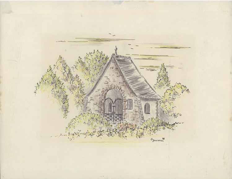 Corinna Janssen, Colorierte Federzeichnung mit Motiv St. Sebastianus Kapelle in Bad Bodendorf