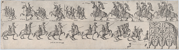 Anonymous, Plate depicting Pompeo Colonna, from a series of twelve showing knights and their attendants dressed for a tournament (plate 6)