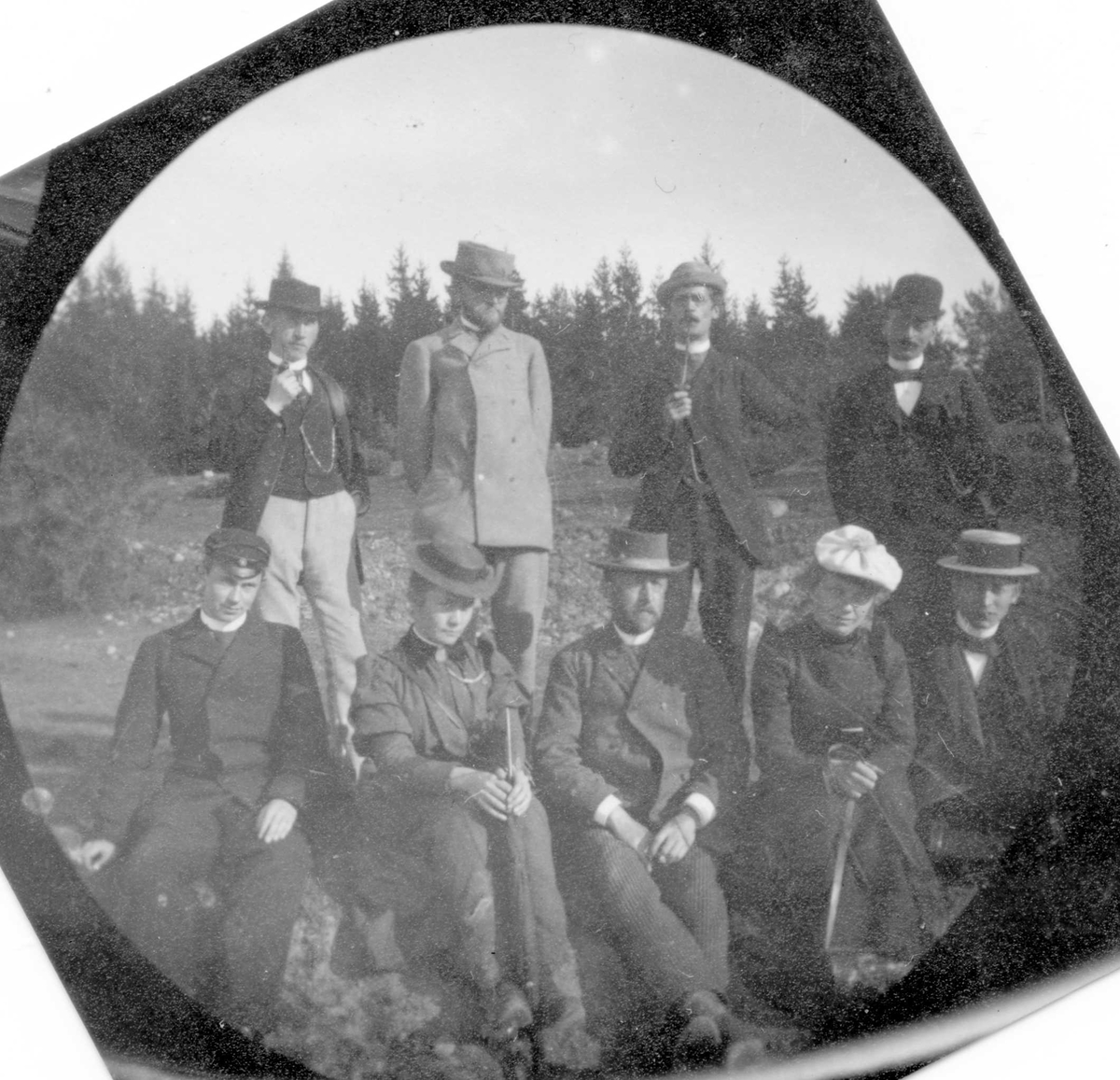 Fredrik Carl Mülertz Størmer, Mennesker i skogen. Fem sitter og fire står bak. Botanisk tur med prof. Blytt.