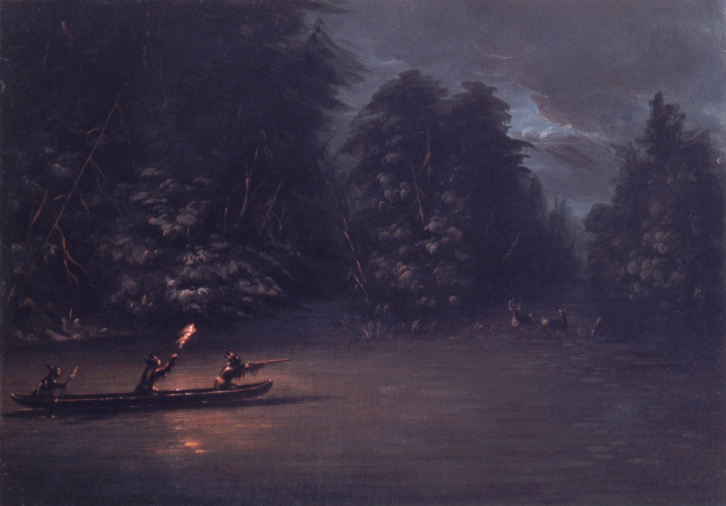 George Catlin, Deer Hunting by Torchlight in Bark Canoes