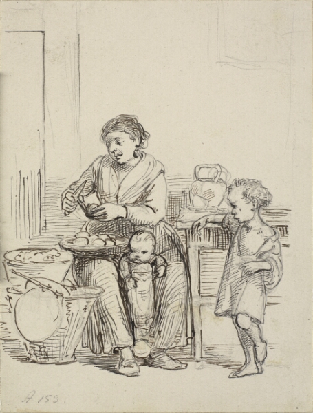 Wilhelm Marstrand, To børn og en kone skræller kartofler