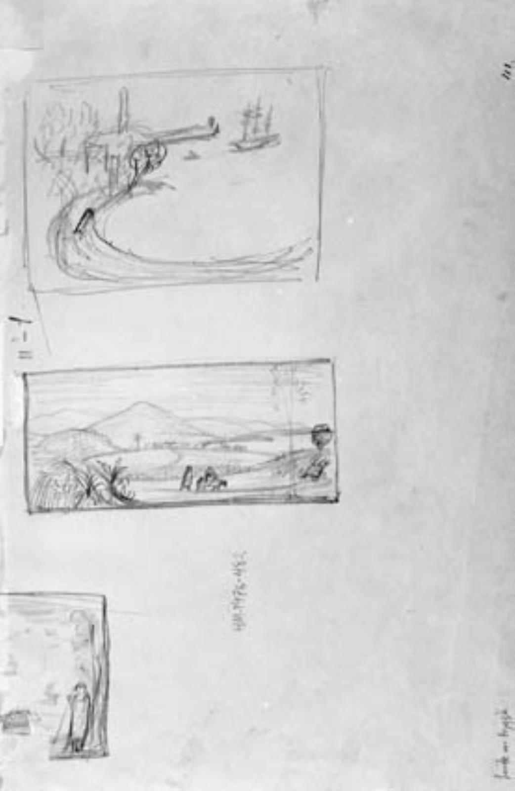 Jean Frélaut, Tre skitser, hvoraf den nederste er højre del af landskabskomposition med stående hyrdefigur ved et træ. De to øvrige forestiller dels en bugt med en tremaster for anker, dels en variant af forsidens landskab med flugten til Egypten