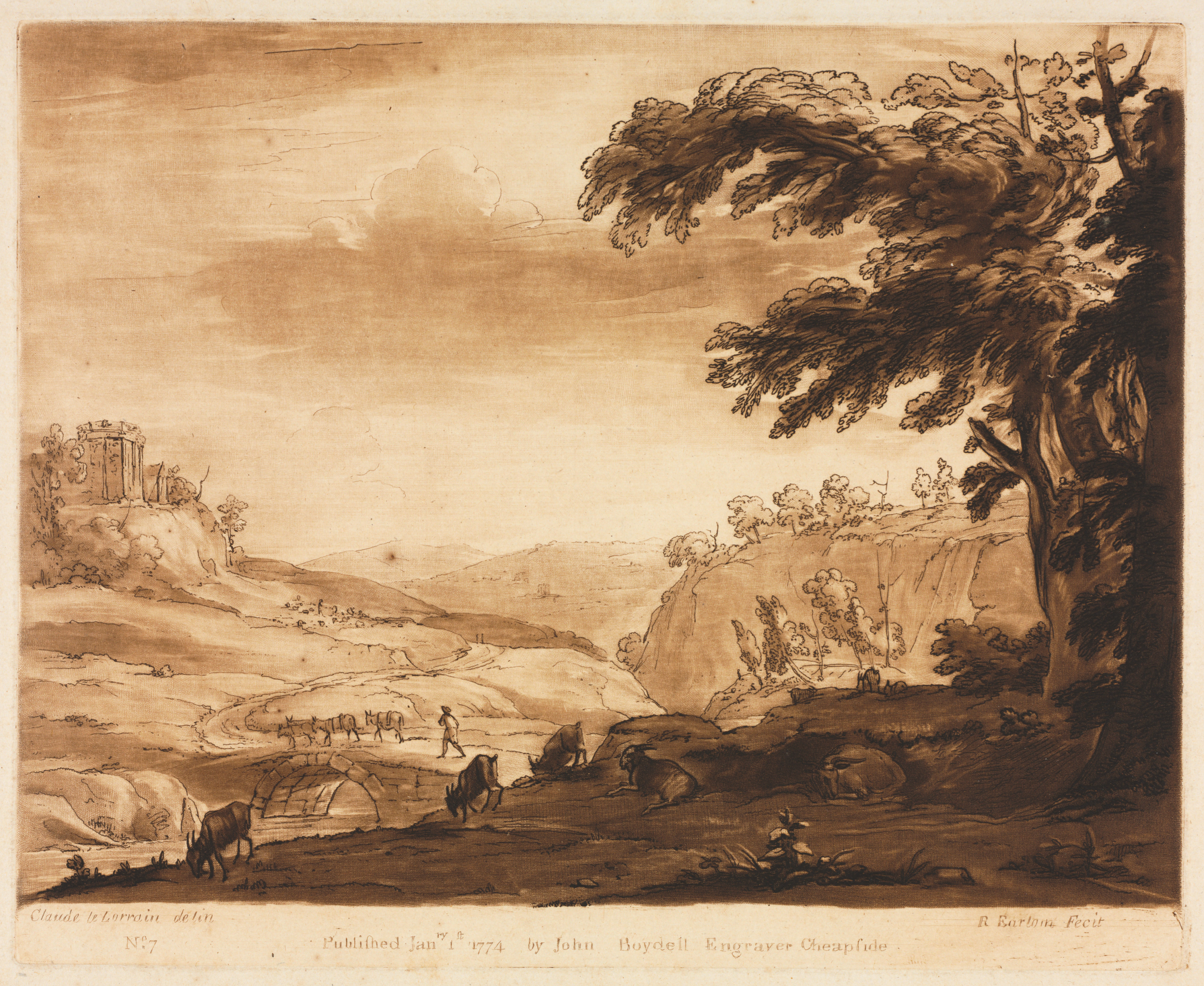 Richard Earlom, Liber Veritatis:  No. 7, An Island Scene of a Mountainous Country with Cattle