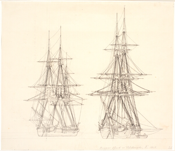 C.W. Eckersberg, En korvet og en brig til ankers.