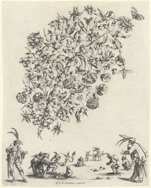 Moncornet, Balthasar, (approximately 1600-1668), (printmaker), Bouquets for gold- and silversmiths: Bouquet with flowers and insects above pétanque playing figures