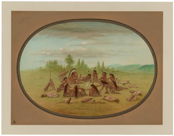 George Catlin, A Foot War Party in Council - Mandan