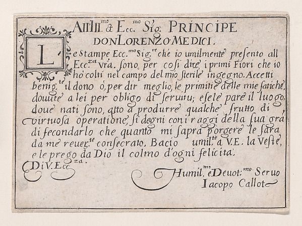 Jacques Callot, Dedication to Lorenzo de'Medici, from Les Caprices Series A, The Florence Set