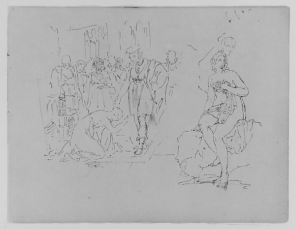 Thomas Sully, Woman Prostrate Before a Nobleman; Nude Bather Seated on a Rock (Diana?) (from Sketchbook)