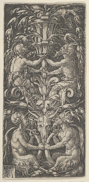 Heinrich Aldegrever, Panel with Candelabrum Containing Two Couples of Satyrs