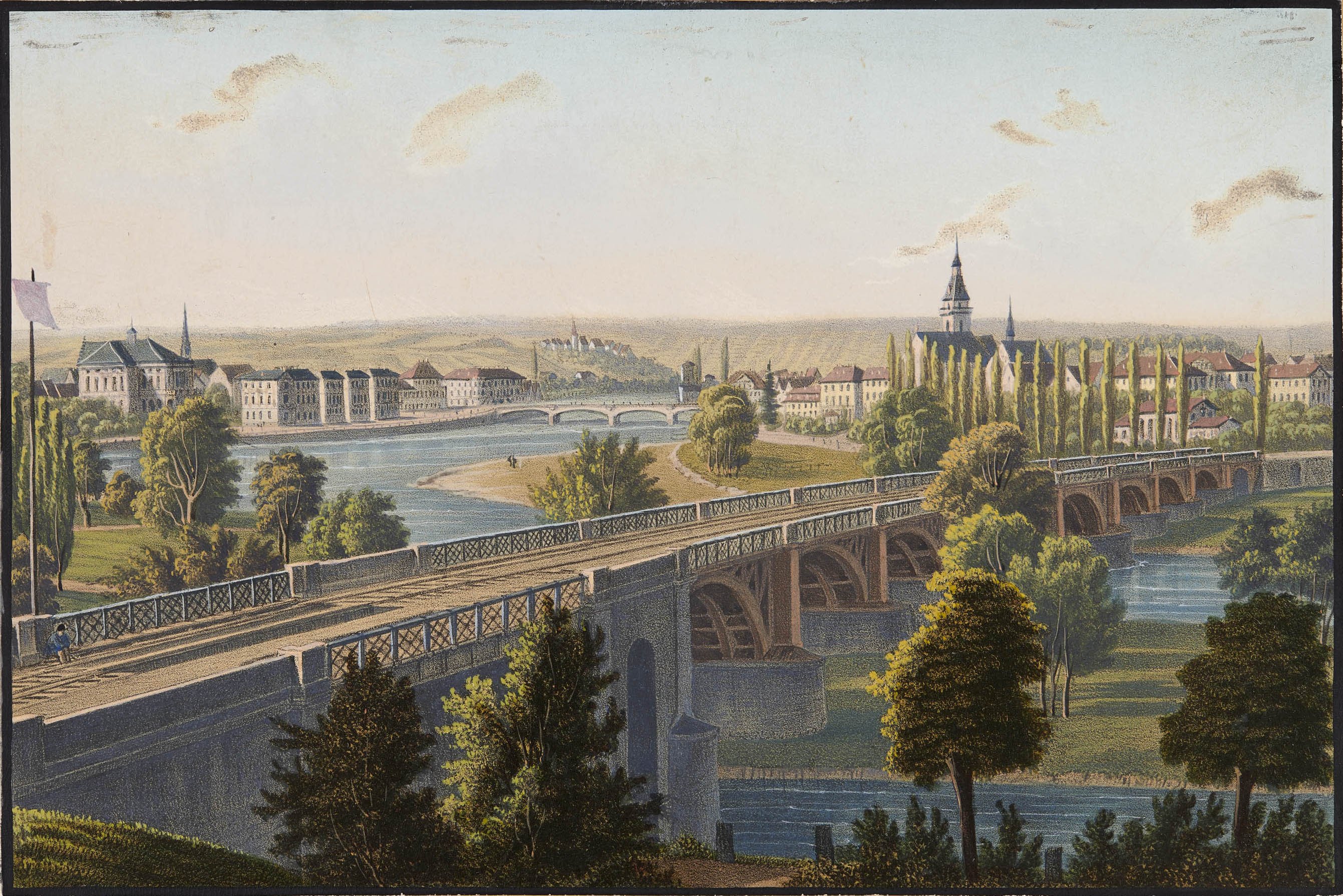 Caspar Obach, Ansicht von Cannstatt mit der Eisenbahnbrücke
