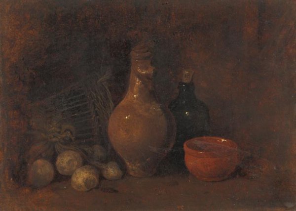François Bonvin, Stilleven met vier vruchten, glas en aardewerk