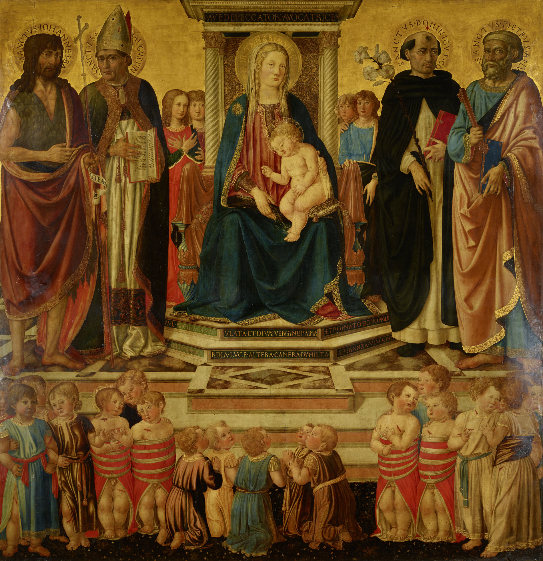 Cosimo Rosselli, The Virgin and Blessing Child Enthroned with Sts. John, Augustine, Dominic, Peter and Victims of the bethemitic Child Murder