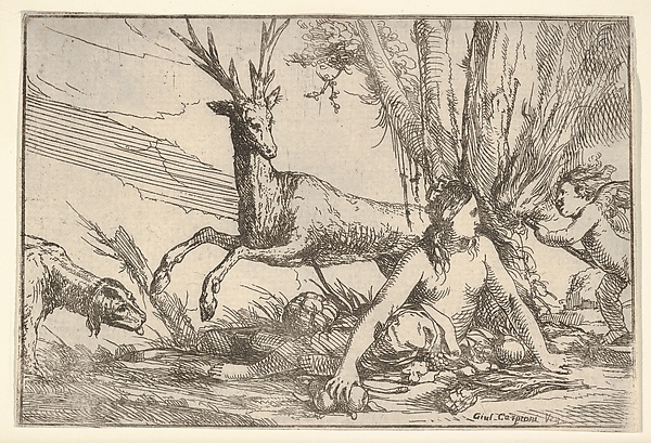 Giulio Carpioni, Earth, represented by Cybele seated at the base of a tree with fruits of the earth spread before her, a cupid with a torch approaches from the right, a stag and hound look toward Cybele from the left, from "The Elements"
