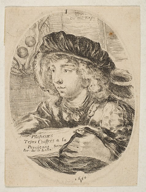 Stefano della Bella, A bust of a young man wearing a cap with feathers, turned three-quarters to the left, the coat of arms of the Grand Duke of Tuscany in top left, title page from 'Several heads in the Persian style' (Plusieurs têtes coiffées à la persienne)